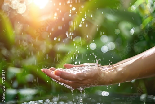Environment Water. Dripped Water Flowing to Woman's Hand in Nature Garden Concept
