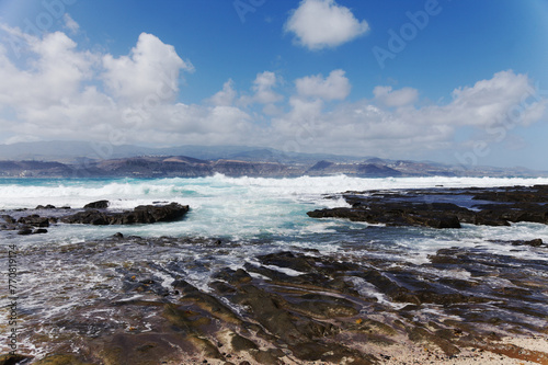 Gran Canaria, view to El Confital beach on the edge of Las Palmas de Gran Canaria, large waves