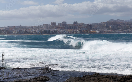Gran Canaria, view to  El Confital beach on the edge of Las Palmas de Gran Canaria, large waves