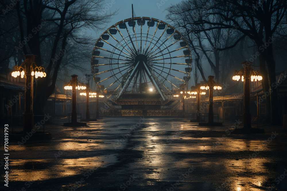A spooky abandoned carnival with rusted rides made with generative AI