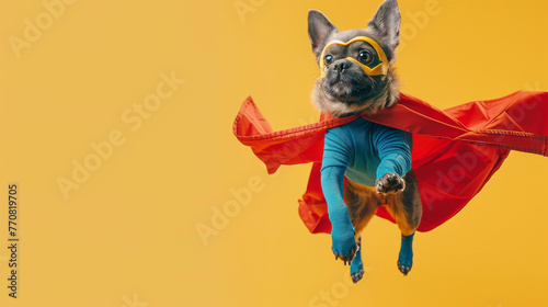A delightful and energetic puppy in superhero outfit and goggles soaring against a yellow backdrop