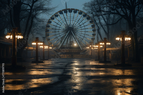 A spooky abandoned carnival with rusted rides made with generative AI © Tetiana
