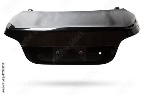 black metallic boot lid reverse side with stiffeners on a white isolated background with a nameplate for installation on a car after an accident. Spare part for body repair trunk.