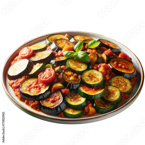 A plate of vegetables with a red sauce, catering , italy food, industry ,3D render, isolated on a transparent background