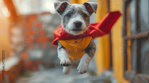 A terrier puppy wearing a yellow and red superhero outfit, captured in mid-flight, evoking adventure and whimsy
