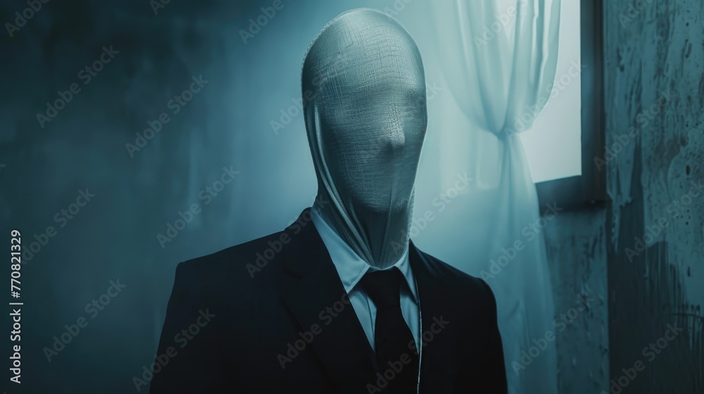 In a suit woven from silence, a banshee portends market whispers - obrazy, fototapety, plakaty 