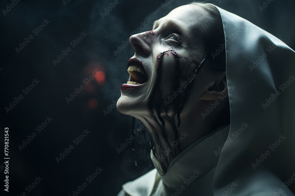Generative AI picture of monastery sister nun priest cursed possessed with devil crying with blood - obrazy, fototapety, plakaty 