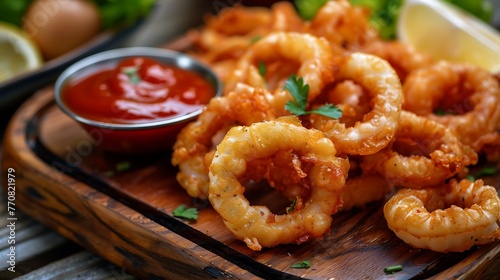 fried calimari rings on wooden tray with dipping sauce