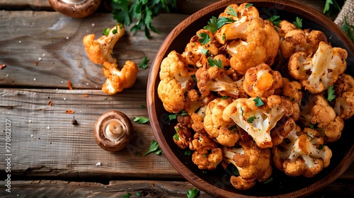 fried cauliflower and fried edible mushrooms on wooden table