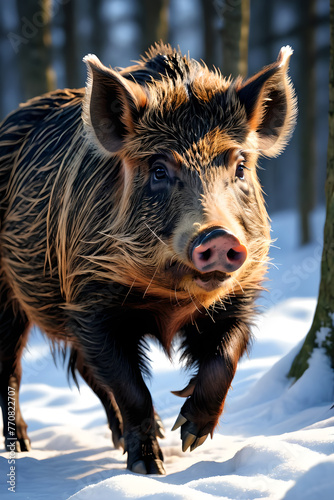 Wild boar running in the forest.