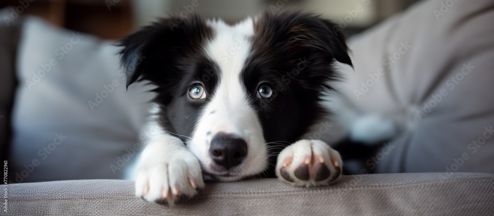 A Border collie puppy, a black and white herding dog breed, sits on a couch looking bored at the camera. Known for their intelligence, they make great companion dogs A Border collie puppy, a black and white herding dog breed, sits on a couch looking bored at the camera. Known for their intelligence, they make great companion dogs