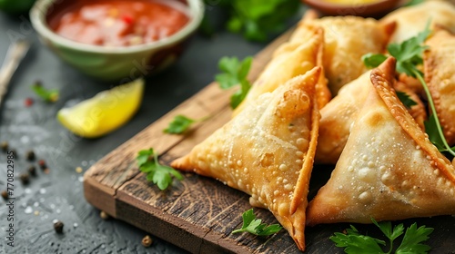 Fried samosas with vegetable filling snacks on wooden board
