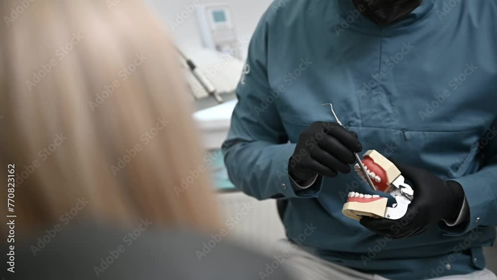 educational model of the dental jaw in the hands of a doctor close-up ...