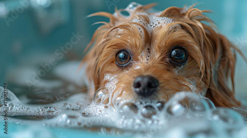 Partial view of Yorkshire Terrier's face peeking through a veil of soap suds during a bath, with focus on the eye