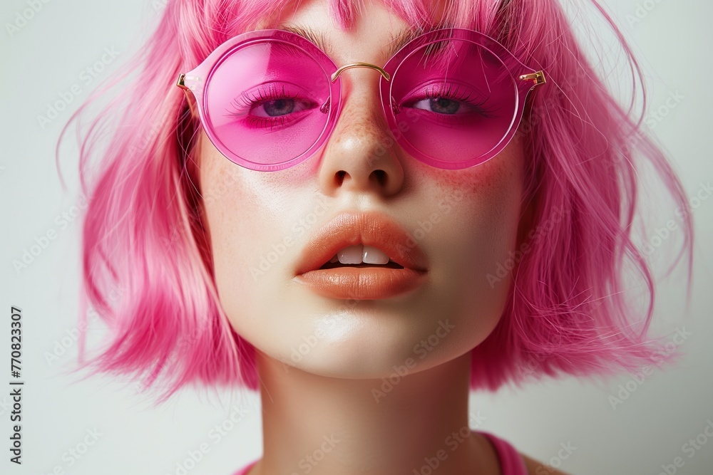 A woman with vibrant pink hair and matching sunglasses poses at studio