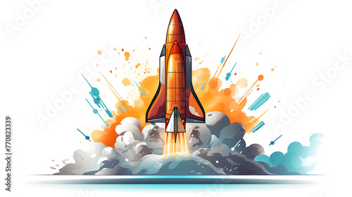 Transparent White Background Illustration Of A Business Startup And Growth Rocket In Space