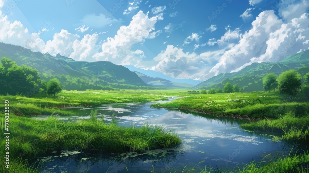 Empty Spaces in Nature Landscape, showcasing the Beauty of Sky, Water, and Green Fields