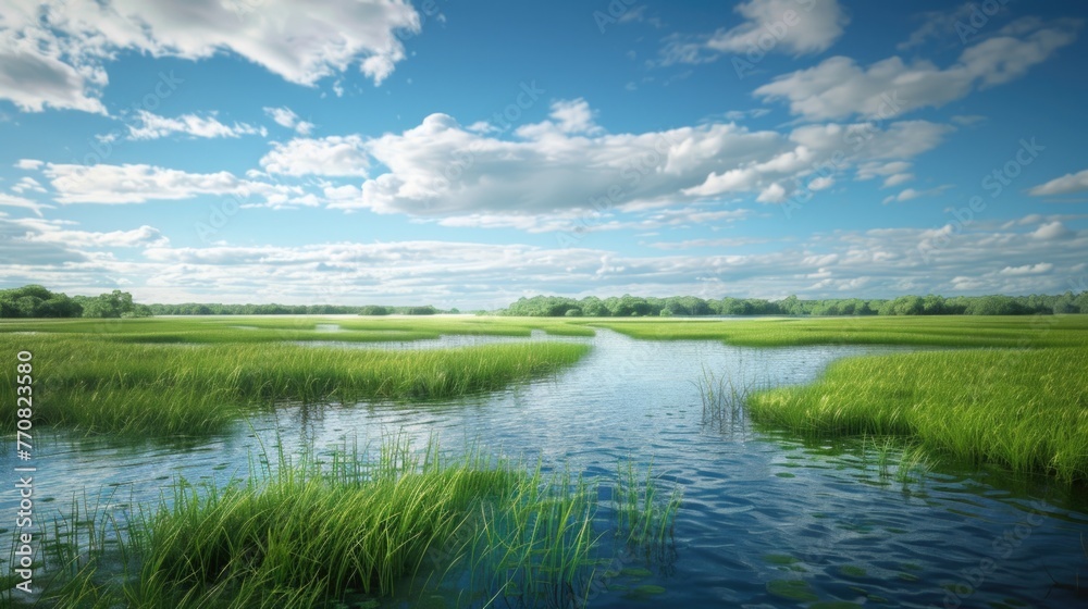 Empty Spaces in Nature Landscape - Green Grass Fields by River under Summer Sky Empty Spaces in Nature Landscape - Green Grass Fields by River under Summer Sky
