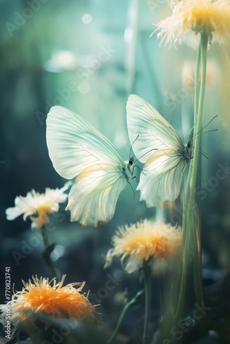 Vintage grunge background with glowing butterflies and double exposure of white flowers