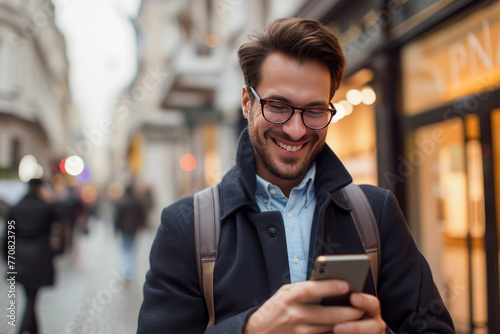 Smiling elegant businessman using phone on city street. AI gener photo