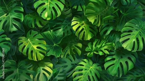 Leaves Background. Exotic Monstera Leaves in Fresh Green Botanical Growth photo