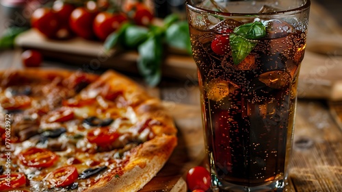 Glass of coke and pizza on the table photo