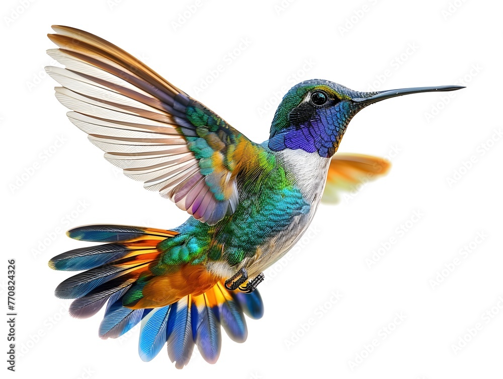 Fototapeta premium Hummingbird in Graceful Mid Flight Showcasing Avian Anatomy and Wing Beat Physics on Isolated White Background