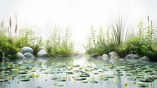 a serene tranquil pond ecosystem at dawn teeming with a diverse array of microscopic aquatic life forms photo