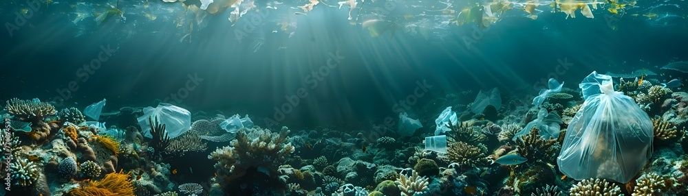 Underwater Coral Reef Enveloped in Plastic Pollution Contrasting Natural Beauty - obrazy, fototapety, plakaty 