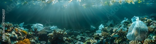 Underwater Coral Reef Enveloped in Plastic Pollution Contrasting Natural Beauty