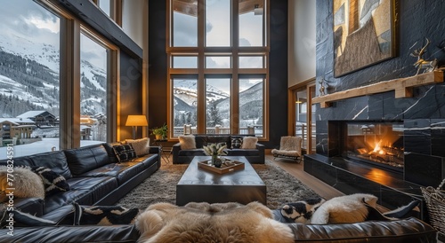 A large cozy living room with black leather couches, a fur throw on one of the sofas and a coffee table in front of it