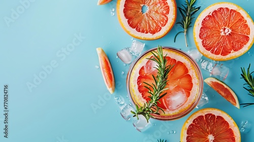 Grapefruit summer coctail grink with slice of grapefruit and rosemary on blue background photo