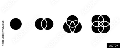 1, 2, 3, 4 overlapping circles venn diagram vector icons in glyph style design for website, app, UI, isolated on white background. Vector illustration.