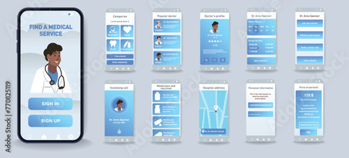 Concept of medicine app interface in flat design. Blue color scheme, convenient interface, selection of doctors, rating system, video call to the doctor. Vector Illustration.