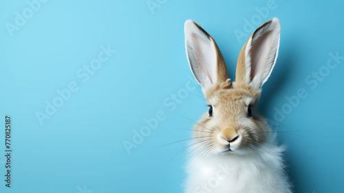 White rabbit ear on pastel blue background. Easter day