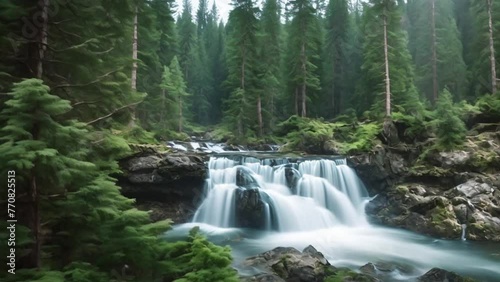 view of fountain in pine forest photo