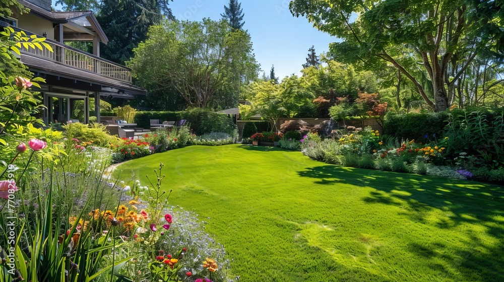 Lush Garden Design with Vibrant Flowers, Well-Manicured Lawn, and Sustainable Maintenance Practices, Showcasing the Beauty of Nature