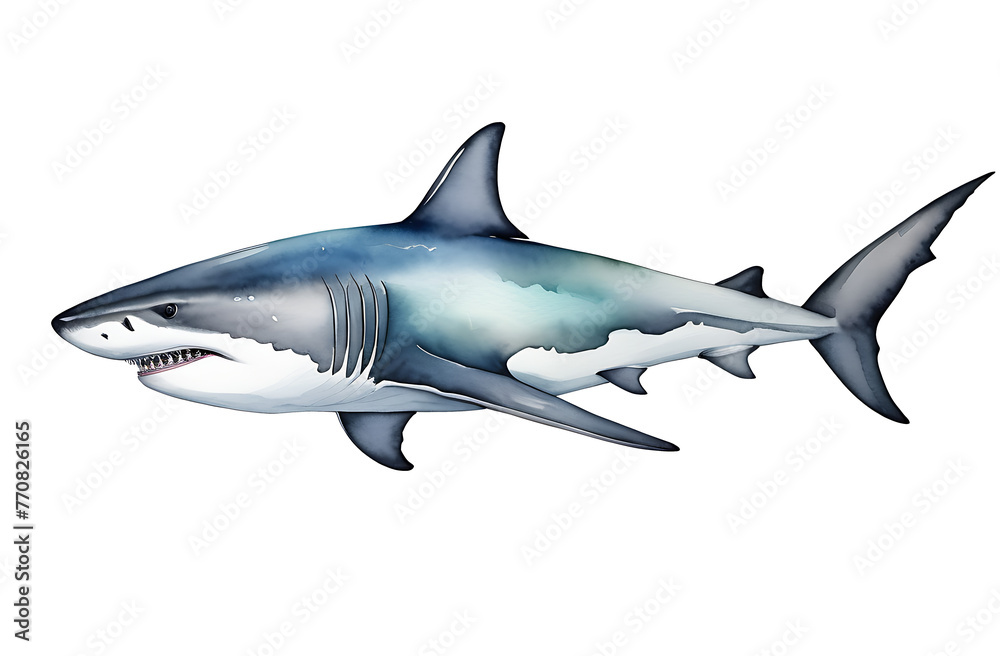 Fototapeta premium One watercolor cartoon sea shark isolated on transparent background. Dangerous underwater dweller, profile view.
