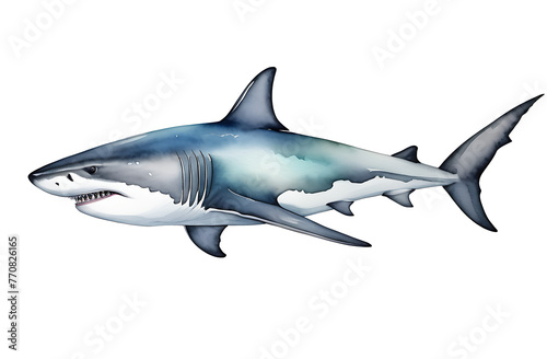 One watercolor cartoon sea shark isolated on transparent background. Dangerous underwater dweller, profile view.