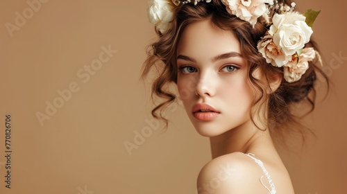 Bride.Young fashion model with perfect skin and make up, beige background,