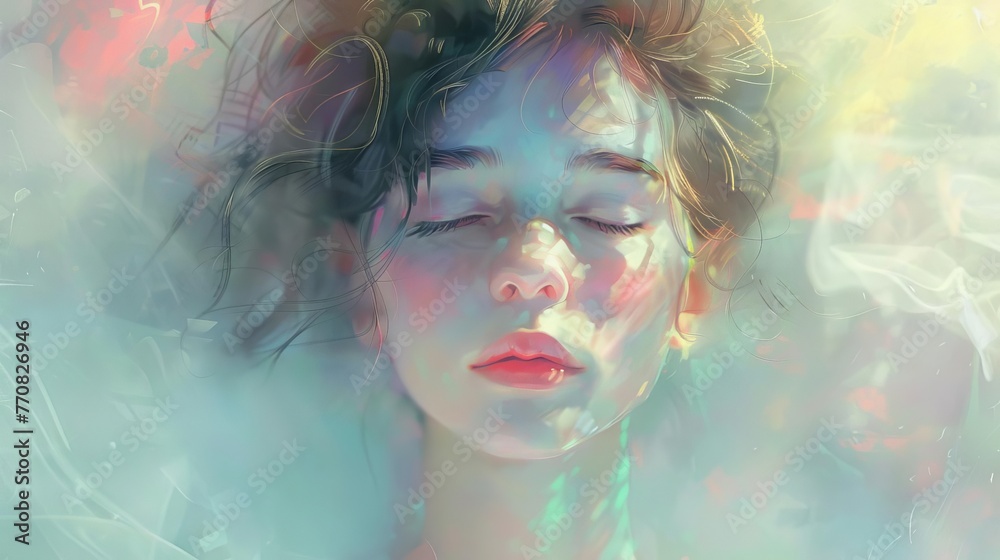 Fototapeta premium Stylized portrait of a dreamy young girl, transcendent meditation concept, digital painting