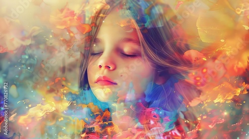 Stylized portrait of a dreamy young girl, transcendent meditation concept, digital painting