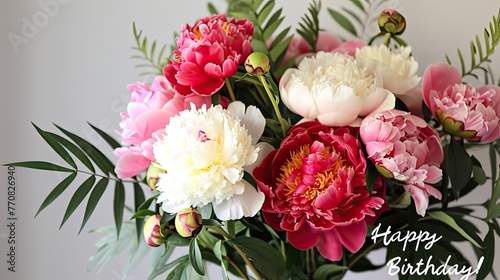 a birthday celebration with a vibrant bouquet of red, pink, or white peonies, accompanied by the cheerful message Happy Birthday.
