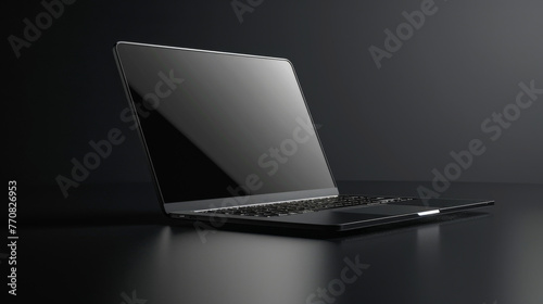 Black laptop on a dark clean table with a reflective surface