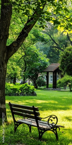 Green Outdoors Park. Scenic Garden View with Bench, Trees, and Nature