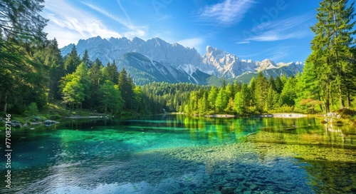 Landscape Water. Julian Alps View with Mangart Peak, Forest and Fusine Lake. Travel Concept Background