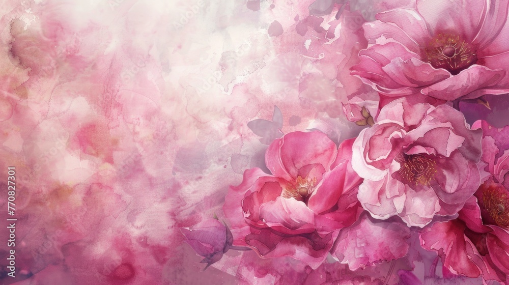 Flower Background. Watercolor Illustration of Pink Flowers in a Summer Garden