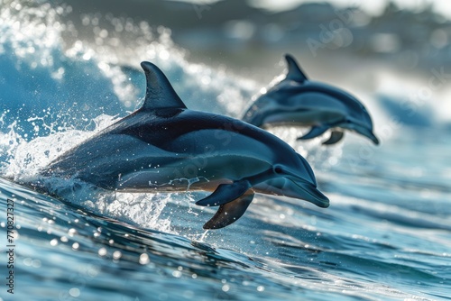 Animals In Nature. Playful Bottlenose Dolphins Jumping in Hawaii Pacific Ocean