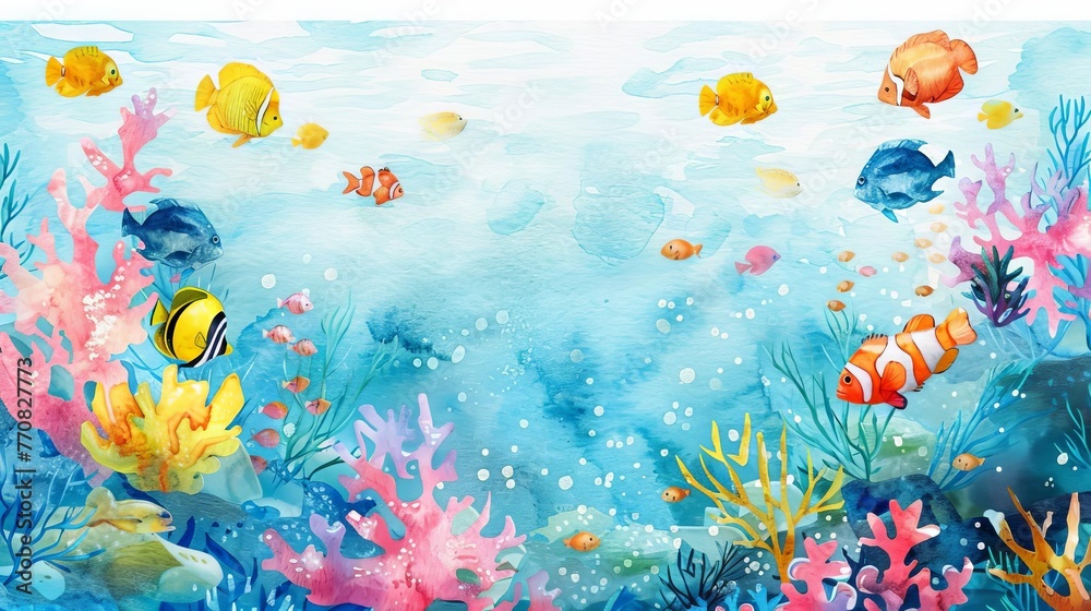Whimsical underwater seascape with vibrant coral reef and tropical fish, watercolor illustration