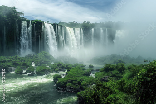 tropical landscape overlooking a huge waterfall